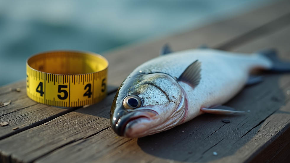 Close-up view of a measuring tape beside a freshly caught fish on a wooden dock