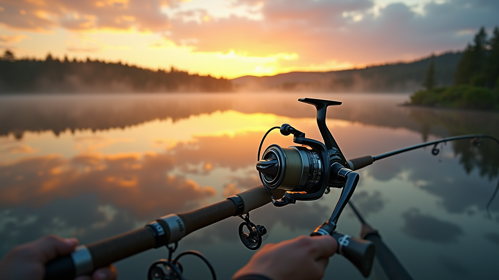 Eye-level view of fishing rod and reel set against a calm lake at dawn