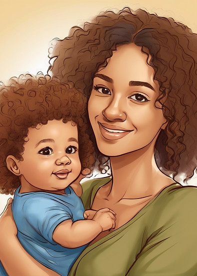 cartoon sketch of Caucasian young lady with average curly hair with 3 months old Ethiopian