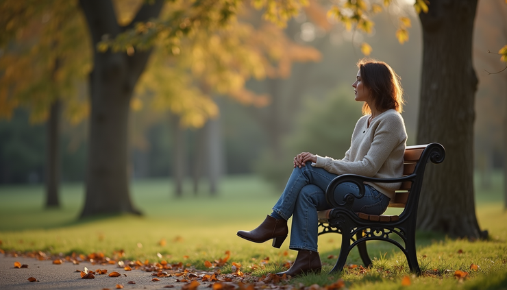 Eye-level view of a woman sitting alone on a park bench looking thoughtful