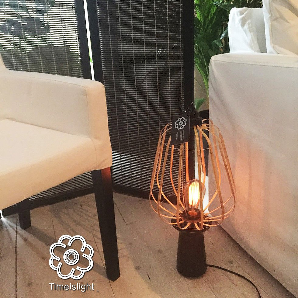 Miniature : Lampe en bambou sur socle en grès noir avec variateur d'intensité lumineuse - H 55 x Ø 27 cm.