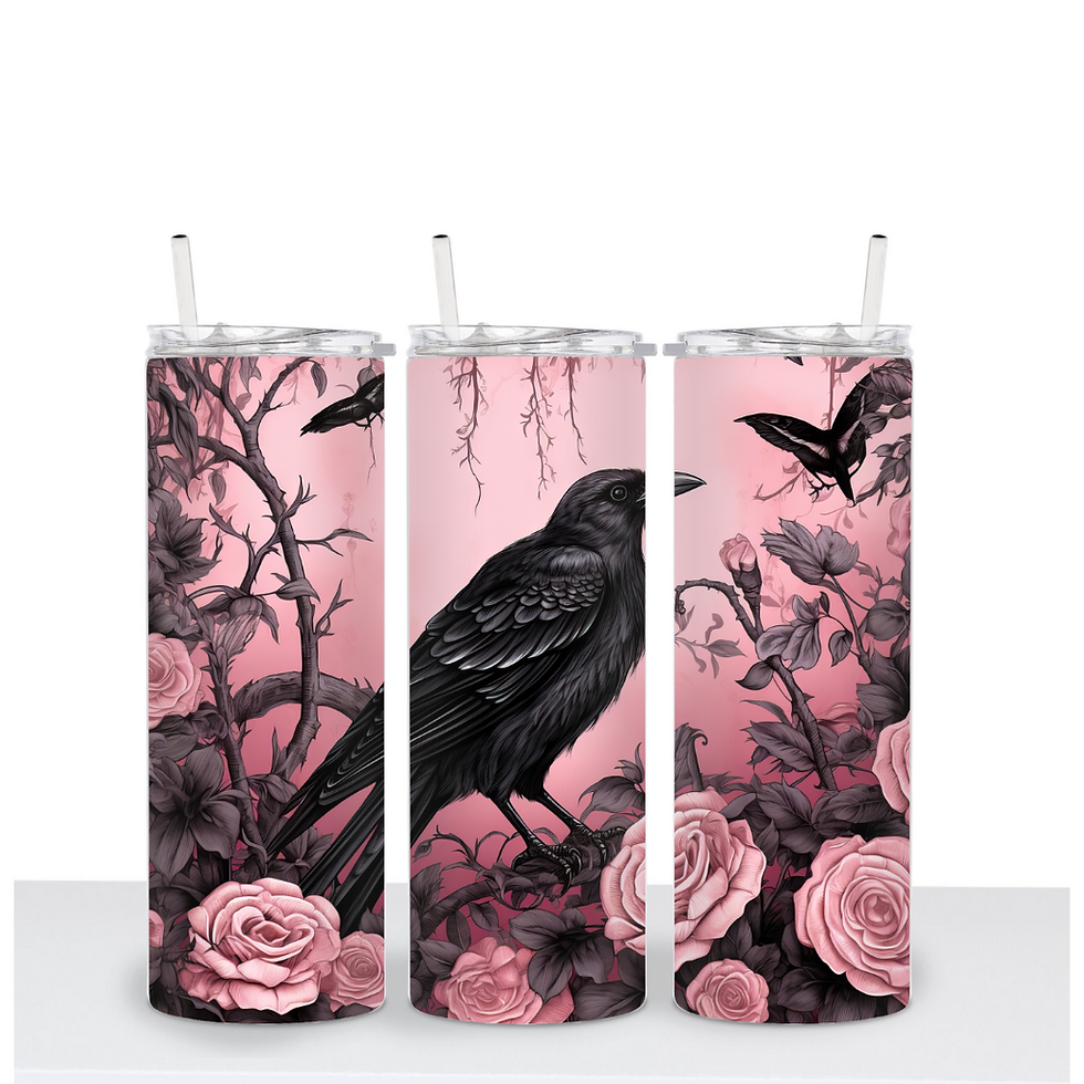 Pink Floral Black Crow Tumbler