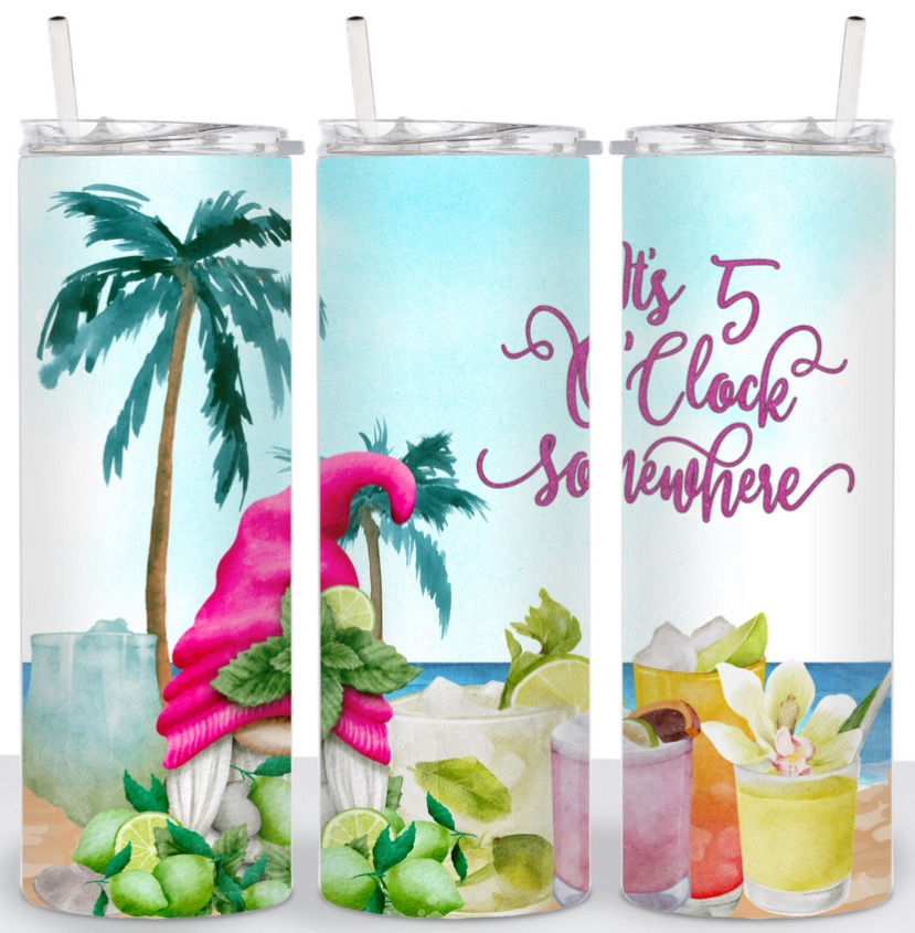 It's 5 o'clock Somewhere Gnome 20 oz Metal Tumbler