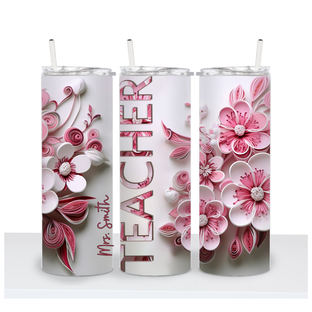 Pink Floral Teacher Metal Tumbler