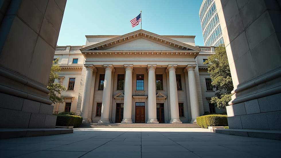 Eye-level view of a US embassy building with the American flag flying outside