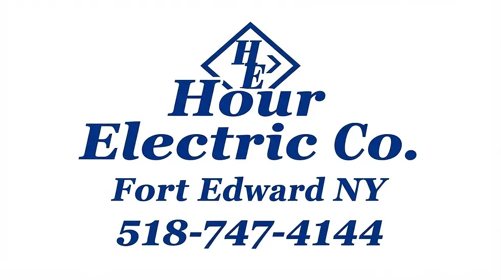 Digital graphic of a business logo featuring the company name Hour Electric Co, its location in Fort Edward, NY, and contact phone number. Clean, professional blue text on a white background.