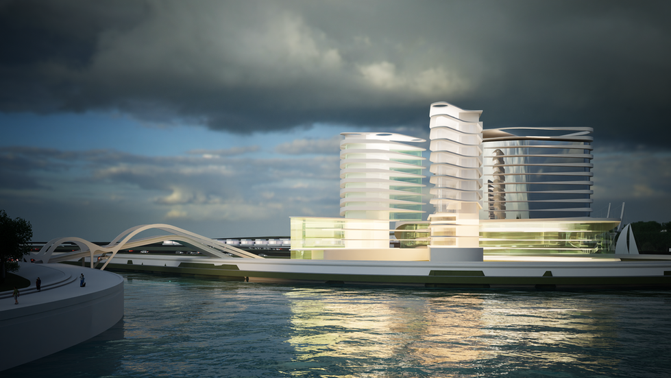 an artist 's impression of a large building floating on top of a body of water