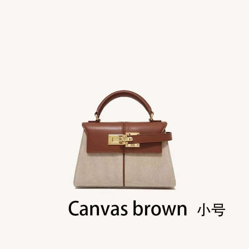 Thumbnail: “Brown canvas and leather structured handbag with top handle and gold clasp closure, elegant modern design for everyday use”