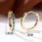Gold-tone hoop earrings with multicolored stones set along the outer edge, measuring approximately 2 cm in diameter and 1.9 c