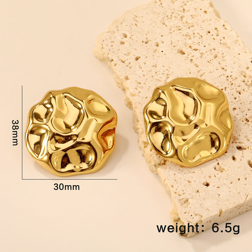 Thumbnail: "Gold fan-shaped drop earrings with a textured pleated design, displayed with size measurements and weight details."