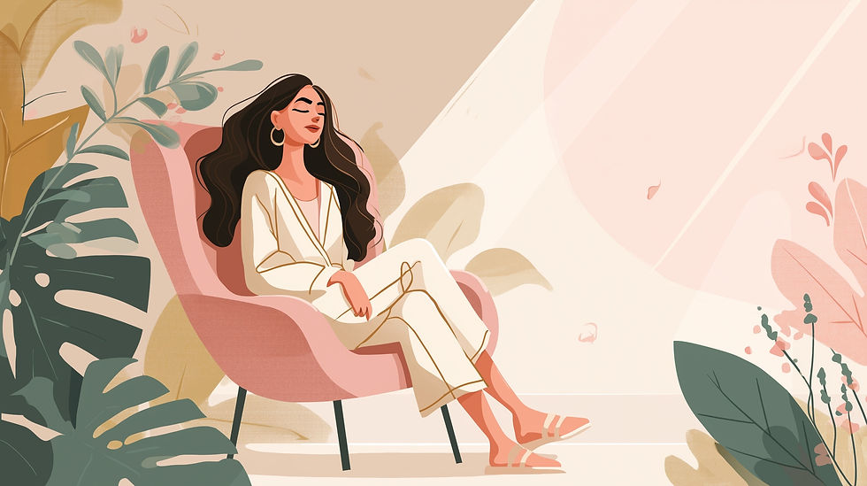 Illustrated woman in white outfit relaxes in a pink chair amid tropical leaves and pastel light, eyes closed, serene.