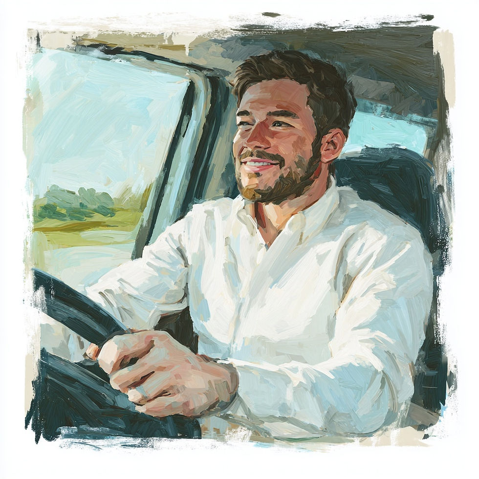 Painting of a smiling man driving, wearing a white shirt. The background shows a blurred landscape through the window, conveying movement.