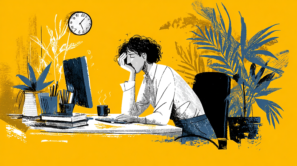 Person with curly hair leans on hand, looking tired, at desk with computer, plants, and a clock. Yellow background, blue plant accents.