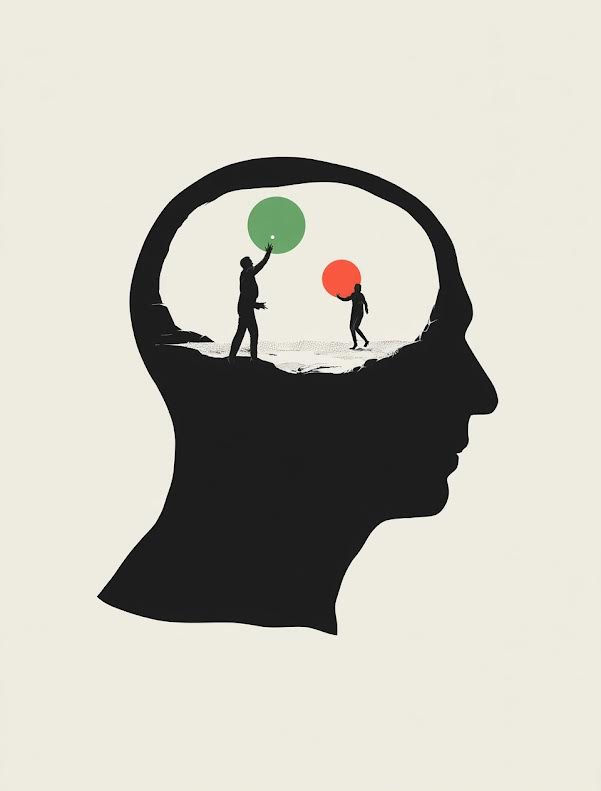 Silhouette of a head with two figures inside, holding green and red balloons against a white background, suggesting introspection.