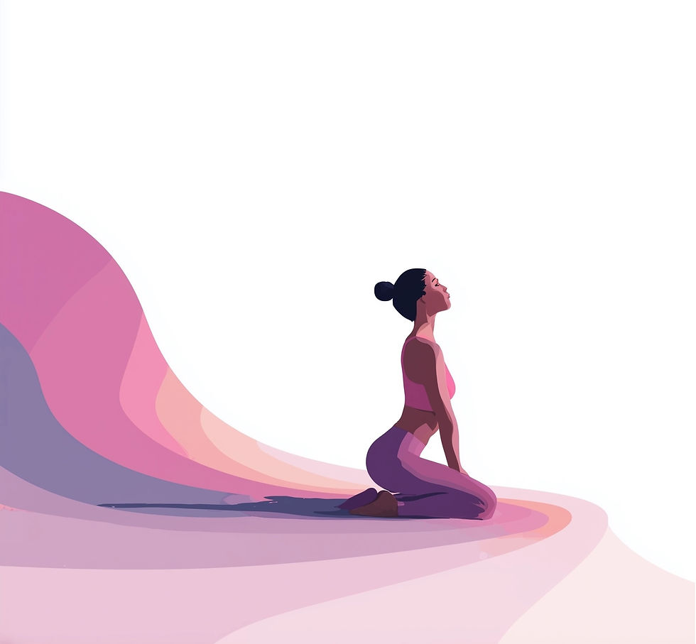 A woman in yoga pose kneels on a flowing pink and purple abstract background, exuding calm and focus against a white backdrop.