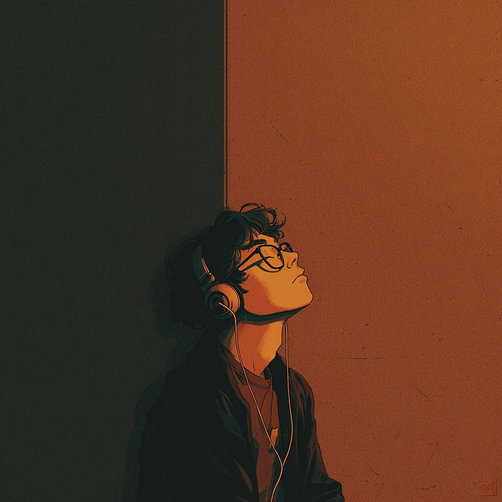 Person with curly hair and glasses wearing headphones, sitting against a dark and orange split wall, eyes closed, immersed in music.