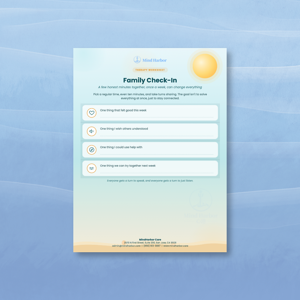 Mind Harbor family check-in worksheet with guided reflection prompts