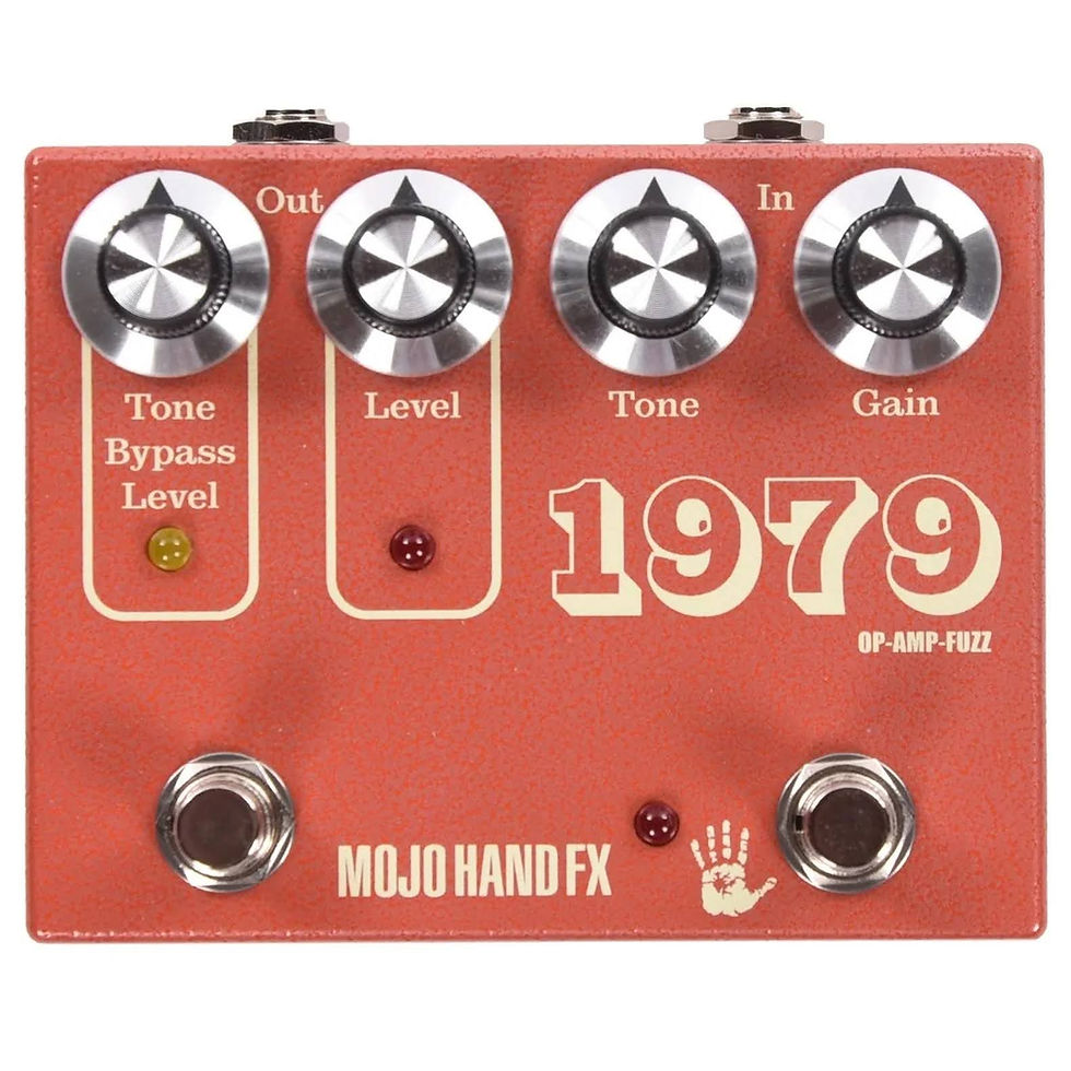 Orange guitar effects pedal labeled "1979" with four dials for Tone Bypass, Level, Tone, and Gain. Text: MOJO HAND FX.