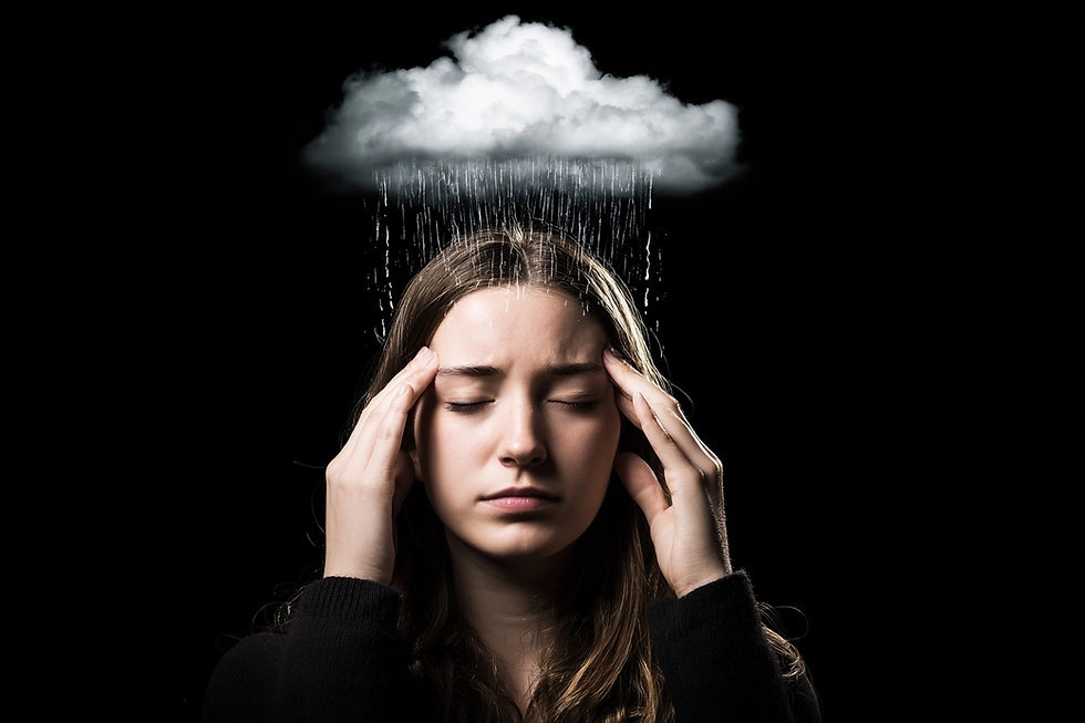 Woman with eyes closed, hands on temples, under a small rain cloud. Dark background, conveying stress or sadness.