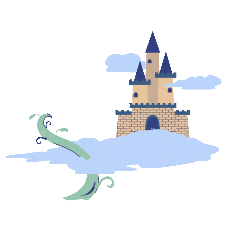 illustration of a castle with bean stock coming through the clouds