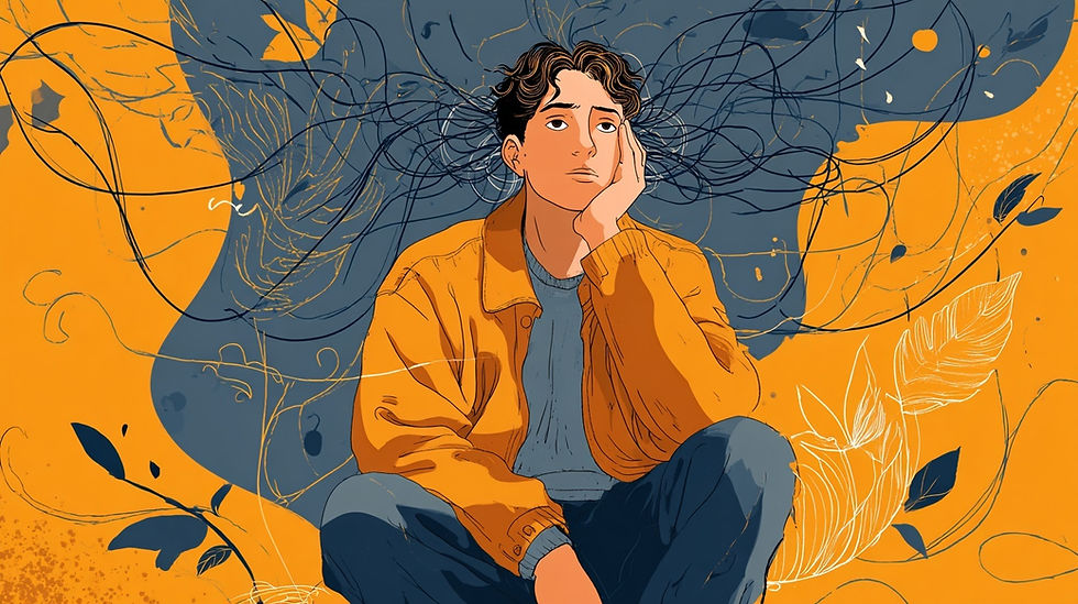 A person with curly hair in an orange jacket is sitting thoughtfully. Blue and orange abstract swirls and leaves fill the background.