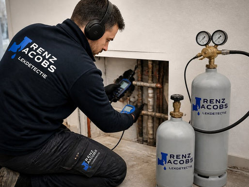 Technicus van Renz Jacobs Lekdetectie meet leidingen met akoestische apparatuur, met gascilinders voor drukmeting op de voorgrond.