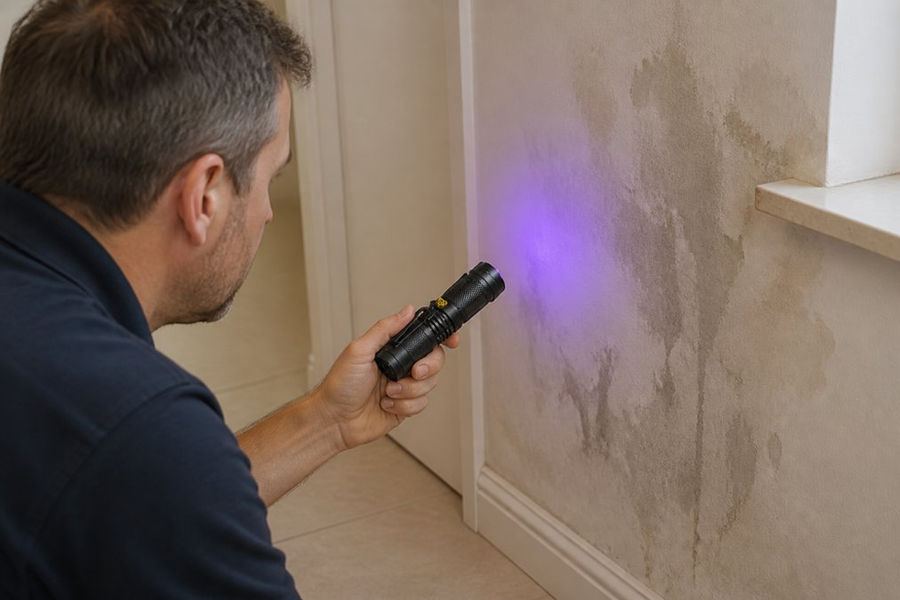 Technicus voert thermografische inspectie uit op huismuur met infraroodcamera, waarbij vochtplekken en temperatuurverschillen duidelijk zichtbaar worden in het thermische beeld