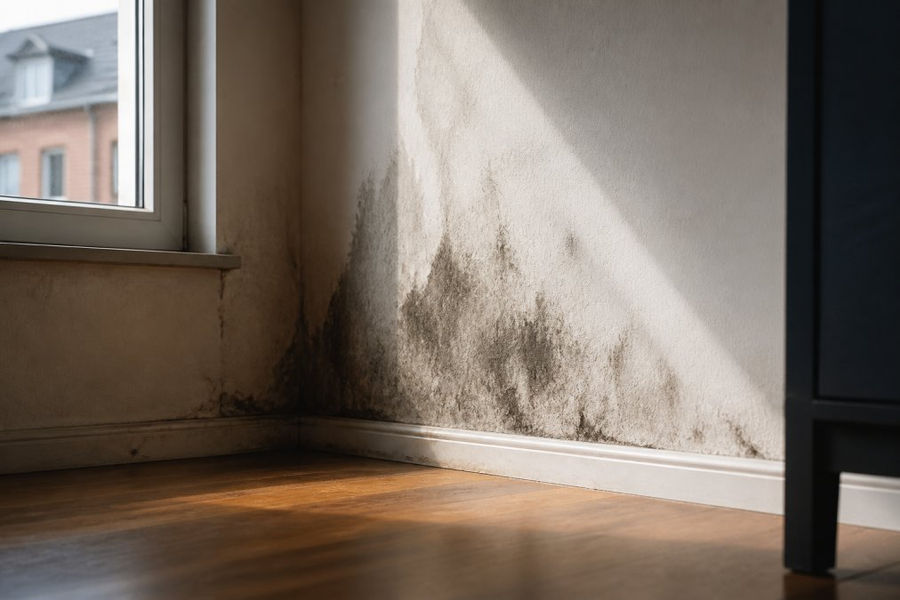 Donkere vochtplekken muur met beginnende schimmelvorming bij de plint in een kamer met daglicht.
