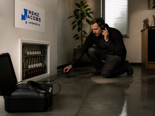 Lekdetectiespecialist van Renz Jacobs Lekdetectie spoort met akoestische meetapparatuur een verborgen waterlekkage onder de vloer op.
