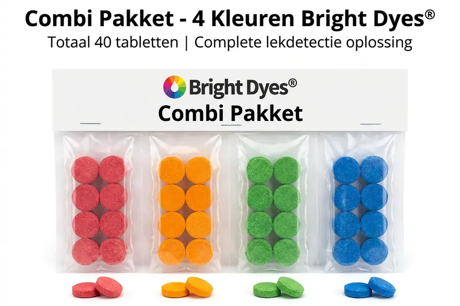 Pakket van 4 verschillende kleuren lekdetectie kleurstof tabletten Bright Dyes® totaal 40 stuks