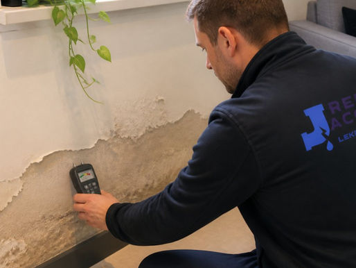 Lekdetectiespecialist van Renz Jacobs Lekdetectie onderzoekt vochtplekken en schimmelvorming op een binnenmuur met professionele meetapparatuur om verborgen lekkages zonder hak- en breekwerk op te sporen.