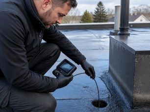 Man met inspectiecamera onderzoekt een gat in een plat dak, met een dakdoorvoer op de achtergrond.
