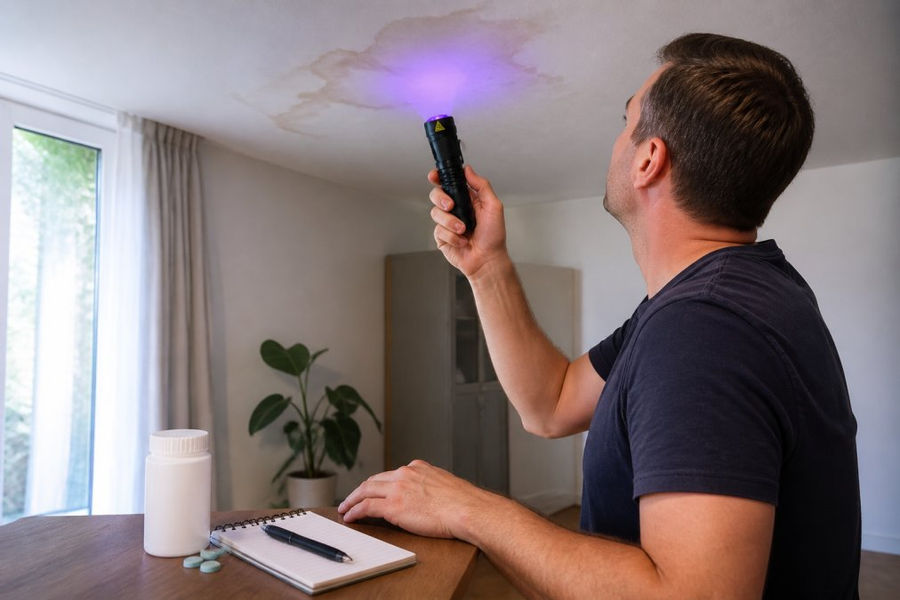 Huiseigenaar inspecteert vochtplek aan plafond met UV-zaklamp, terwijl kleurstoftabletten en een klein notitieblokje op tafel naast hem liggen in daglicht