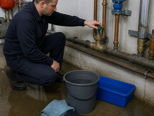 Loodgieter draait een afsluitkraan dicht bij een leidingsysteem, met een emmer en doeken op de natte vloer om waterschade te beperken.