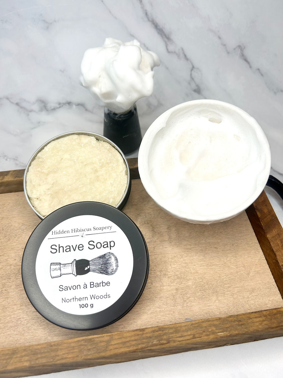 Natural handmade dual lye shave soap with brush and shave soap foam