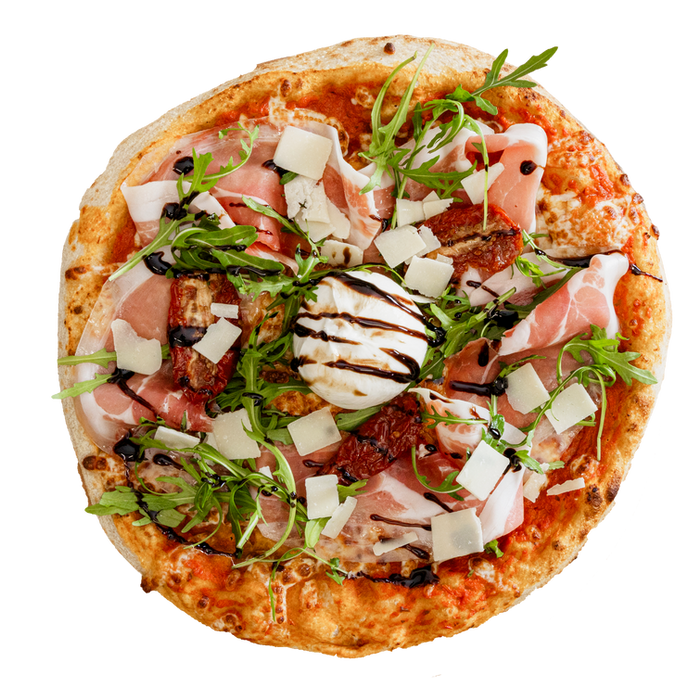 Pizza au jambon, roquette et burrata