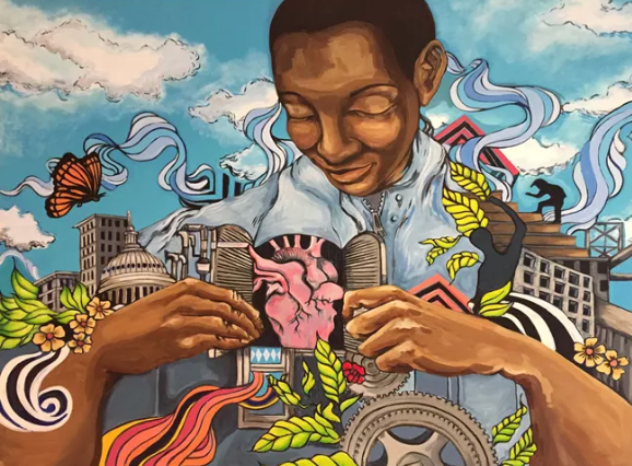 One of the murals painted by artist and youth participants for the Groundswell Mural Project Ellis Island.