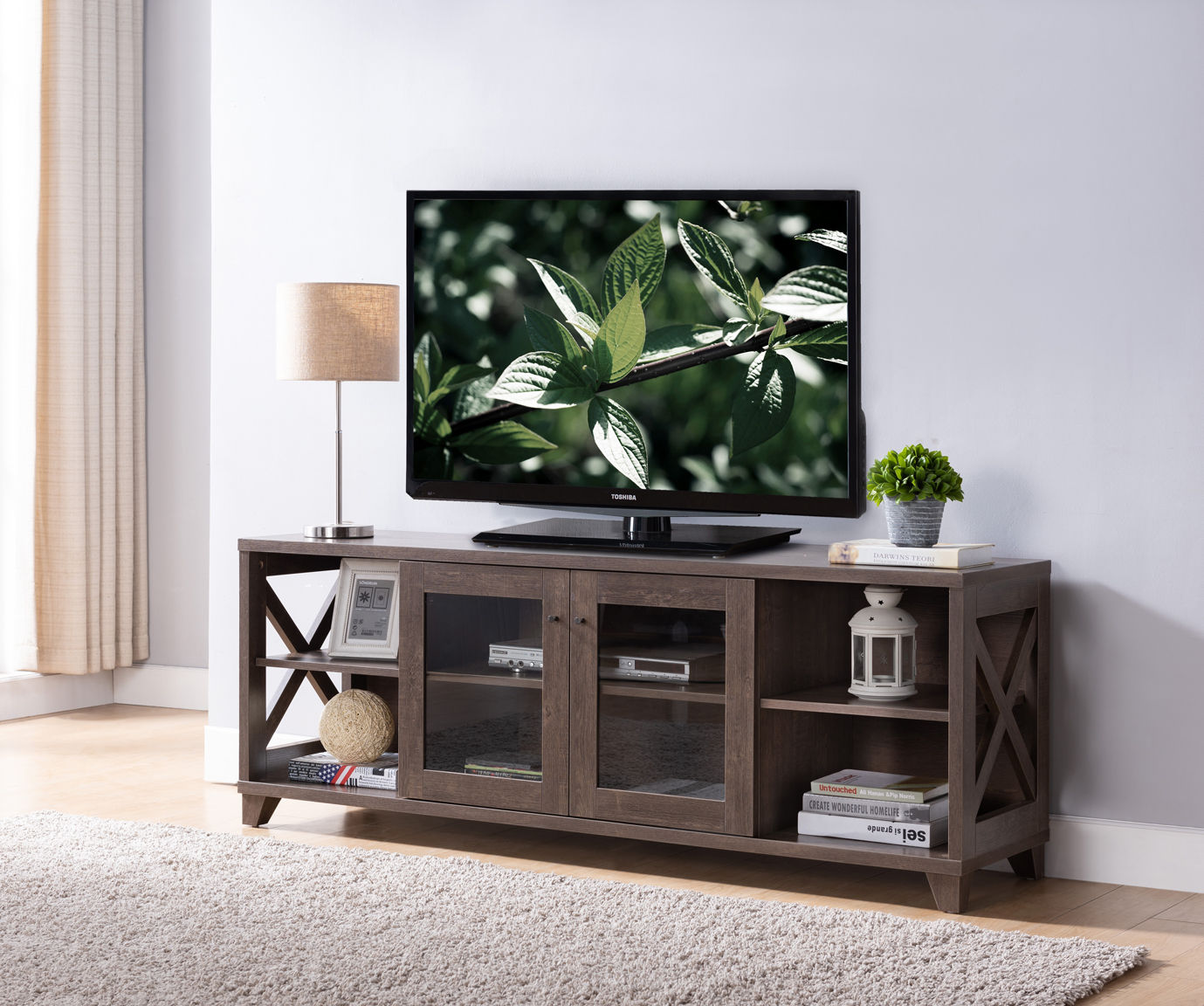TV Stand with 4 open shelves, 2 door glass cabinet and 2 interior shelves