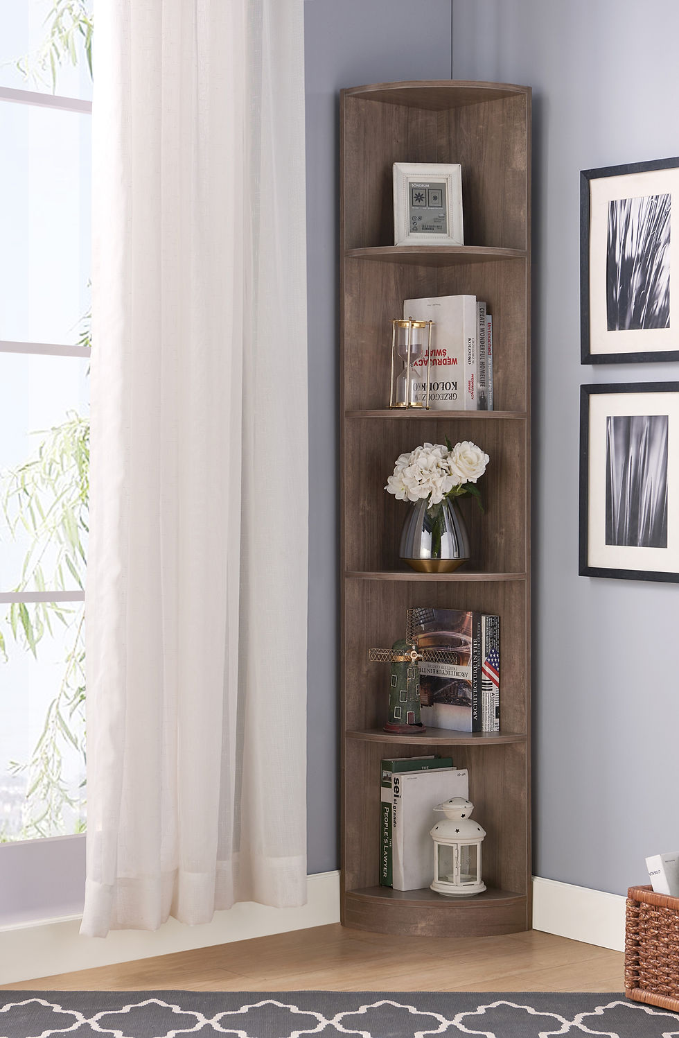 Corner Bookcase with 5 open storage compartments