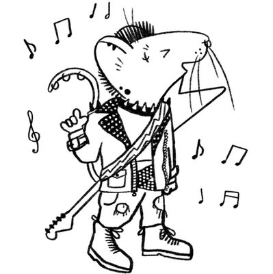 Black & White Illustration Of A Mouse Character Dressed Up As A Rockstar.