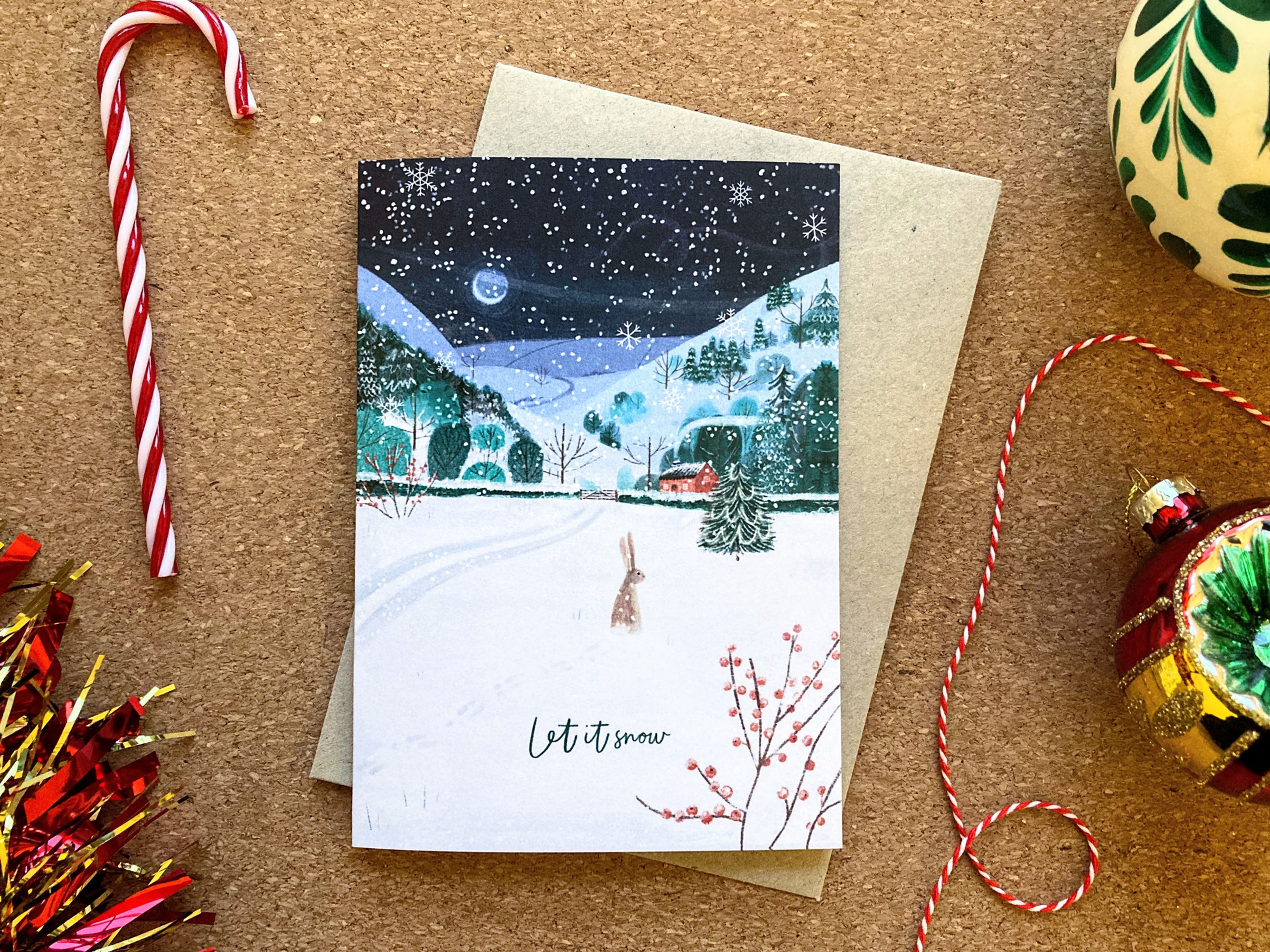 Festive Landscape Christmas Card with Kraft Envelope | 'White Christmas Eve'