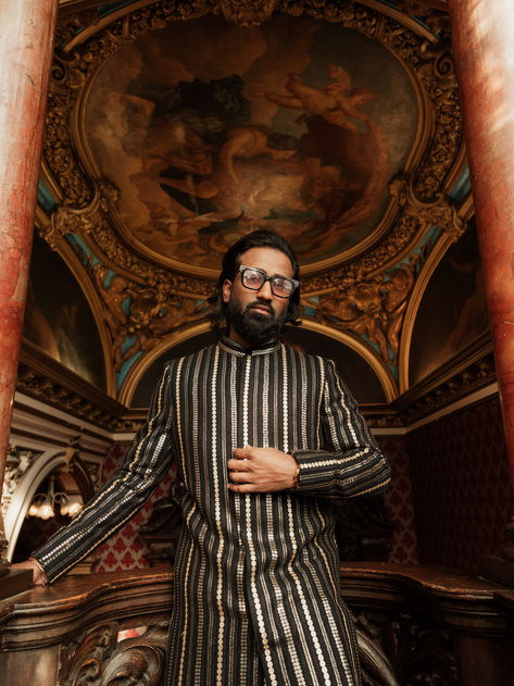 Black Sherwani With Silver and Gold Sequin
