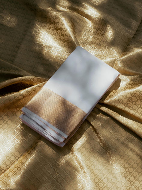 Ivory Pure Silk Veshti With Antique Gold Zari - Large Border