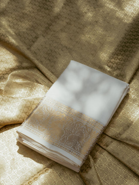 Ivory Pure Silk Veshti With Antique Gold Border - Vanasingaram