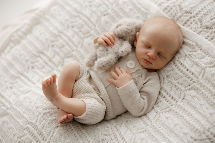 newborn baby with stuffed animal neutral tones Baltimore Maryland baby photography studio