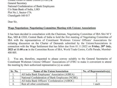 IBA Invites UFBU Constituents for Negotiations on Wage Revision on 28th July,2023