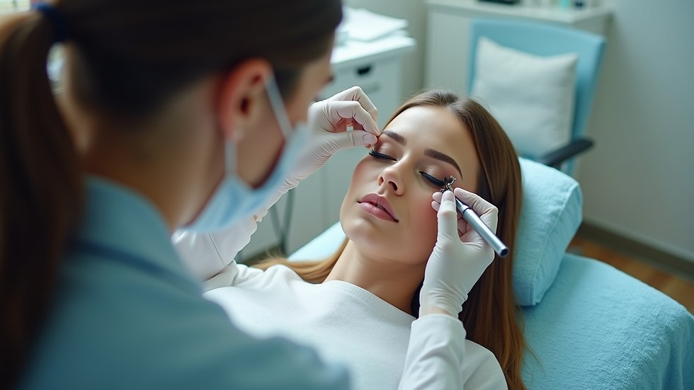 Eye-level view of a calm treatment room prepared for permanent eyeliner procedure