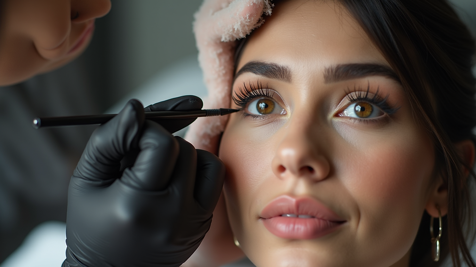 Close-up view of a cosmetic artist applying permanent eyeliner