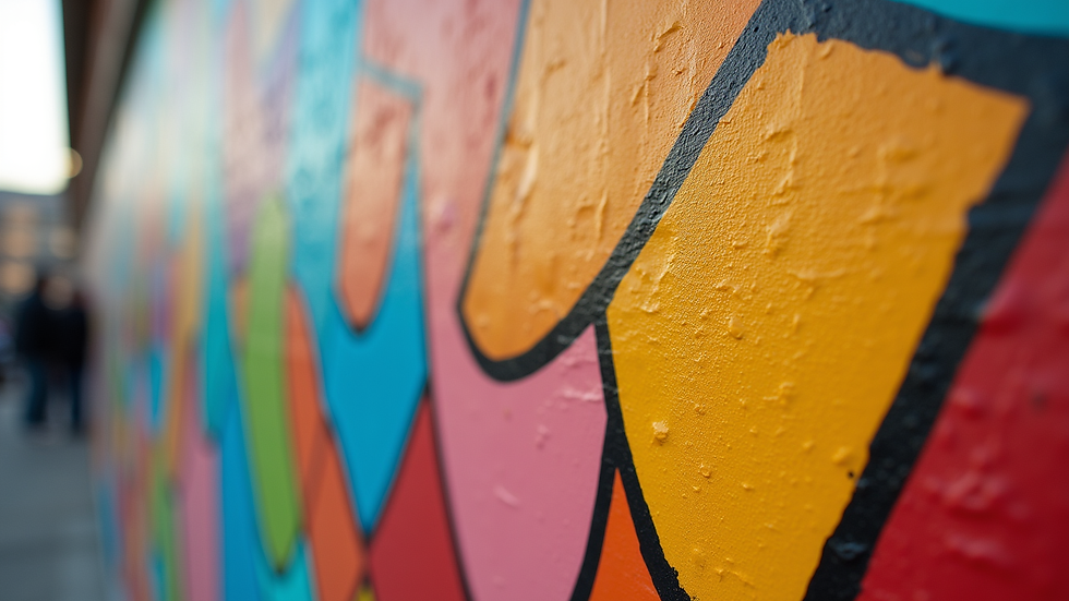 Close-up view of a colorful collaborative mural in progress