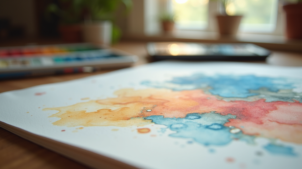 Close-up view of a watercolor painting in progress on a wooden table